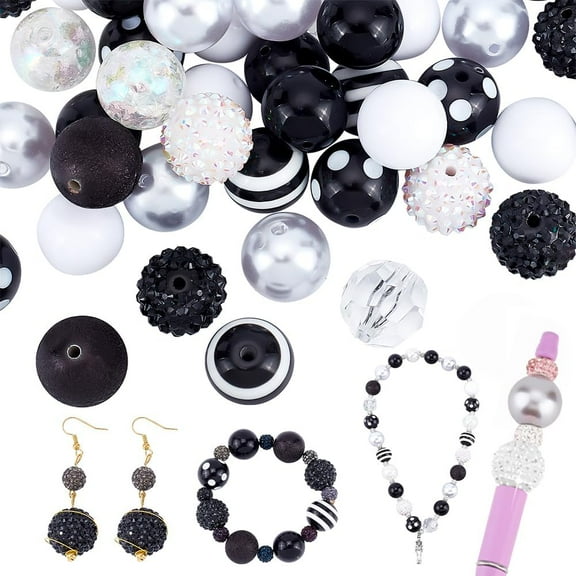 50pcs 20mm Bubblegum Beads Black Acrylic Pen Beads Chunk Beads Large Rhinestone Loose Beads