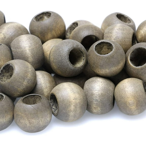 50pcs 20mm Grey Wood Beads for Macrame Project-Hole 9mm, Large Hole Wooden Macrame Beads for Craft/ Garlands/ Home Decoration