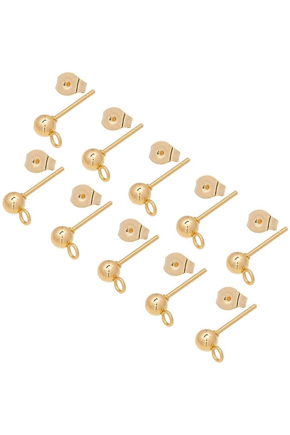 50pcs(25 Pairs) Stainless Steel Stud Earrings 0.7mm Pin Ball Ear Studs Components with Open Loop Golden Stud Earring with Ear Nuts Jewelry Findings for Earring Making 2mm Hole