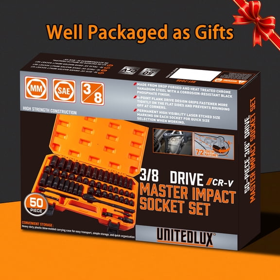 50pcs 3/8" Drive Impact Socket Set - CR-V Steel Metric(8-22mm)/SAE(5/16-3/4") with Ratchet Handle & Adapters, Father’s Day Gift for Mechanics/DIY