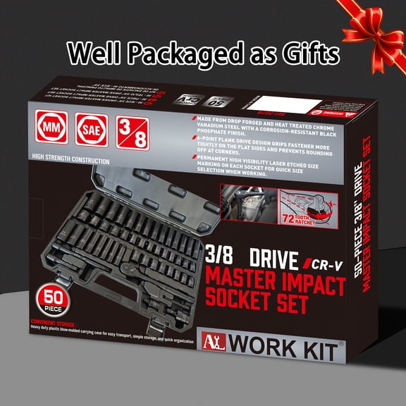 50pcs 3/8" Drive Impact Socket Set - CR-V Steel Metric(8-22mm)/SAE(5/16-3/4") with Ratchet Handle & Adapters, Father’s Day Gift for Mechanics/DIY