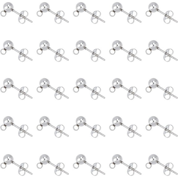 50pcs 304 Stainless Steel Ball Stud Earring Findings Ball Earring Posts with Loop Stud Earring with Ear Nut Metal Earring Components for Jewelry Making Pin 0.8mm