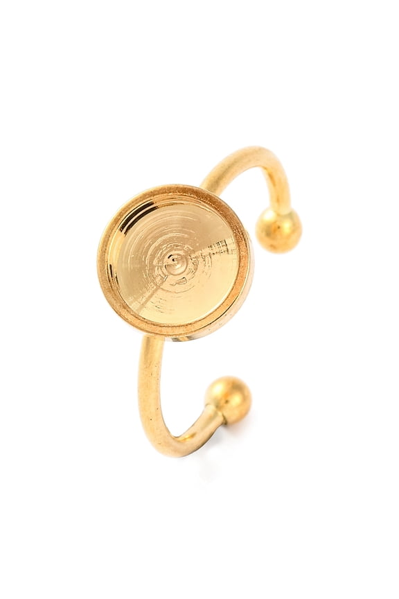 50pcs 304 Stainless Steel Open Cuff Ring Components Plain Pad Ring Settings Round golden Tray: 8mm Adjustable