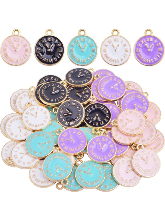 50pcs 5 Colors,Alloy Enamel Alarm Clock Charms Cartoon Student Watch Clocks Pendant Charms Craft Supplies for DIY Bracelet Necklace Jewelry Making New Year Gift