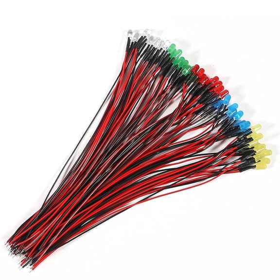 50pcs 5 Colors DC 12V LED Lights Emitting Diodes Assorted Kit Pre Wired 5mm Red Yellow Blue White Green for Lighting Decoration