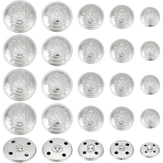50pcs 5 Size Metal Blazer Button Set Vintage Brass Buttons Emblem Crest Vintage Shank Buttons with 4 Hole Retro Flat Round Coat Button for Blazer Suits Coat Uniform and Jacket - Platinum