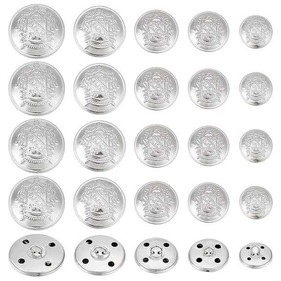 50pcs 5 Size Metal Blazer Button Set Vintage Brass Buttons Emblem Crest Vintage Shank Buttons with 4 Hole Retro Flat Round Coat Button