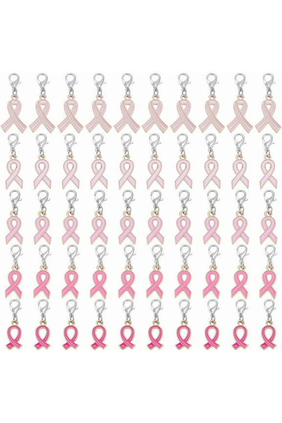 50pcs 5 Styles Breast Cancer Awareness Charms Pink Ribbon Charms for Breast Cancer Support Keychain Gifts Jewellery Making Pink Ribbon Pendants with Clasps for Women 1.1~1.4 Inch diy