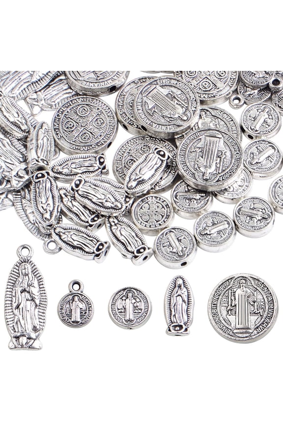 50pcs 5 Styles Mixed Jesus Virgin Mary Religious Benedict Medallion Spacer Beads and Pendant Charms for DIY Rosary Necklace Bracelet Jewelry Making, Antique Silver