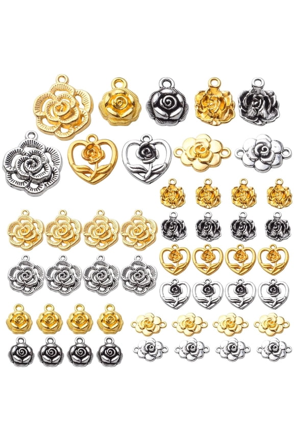 50pcs 5 Styles,Rose Charms Pendants Alloy Rose Flower Charms Flower Connector Charms Rose Bead Charms for DIY Earrings Bracelet Necklace Jewelry Making