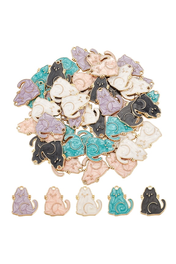 50pcs 5 colors Alloy Enamel Pendants Light golden Cat Mixed color 21x18.5x2mm Hole: 1.4mm 10pcs/color