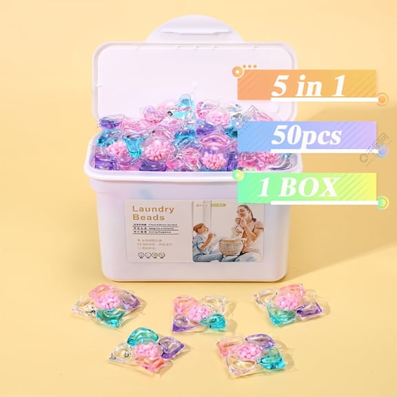 50pcs 5-in-1 Concentrated Laundry Detergent Pods - Scented Beads, Water-Soluble PE Film, Long-Lasting Freshness, Color-Safe for Delicates, Travel-Friendly, Residue-Free for All Fabrics