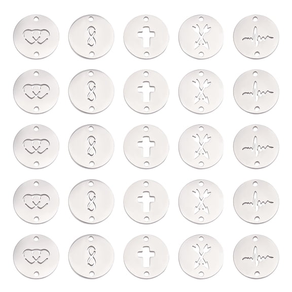 50pcs 5 styles Flat Round with Laser Cut Pattern Connector Charms 304 Stainless Steel Manual Polishing links Metal Linking Charms for DIY Jewelry Making