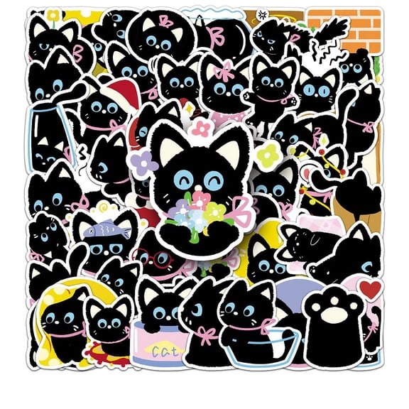 50pcs 50 styles PVC Stickers Self-adhesion for Suitcase Skateboard Refrigerator Helmet Mobile Phone Shell Cat Black 55~85mm 50pcs/set
