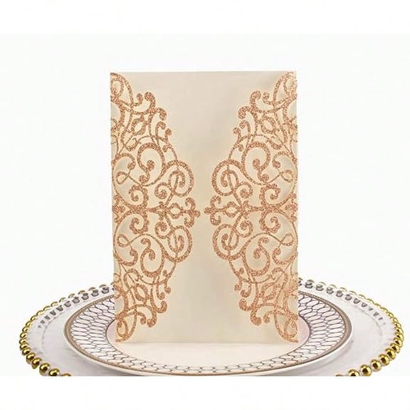 50pcs 5x7 Light Rose Gold Glitter Wedding Invitations Cards Laser Cut Pocket Invites Covers only no envelope no insert for Wedding Quinceanera Bridal Shower  Shower Party Invite
