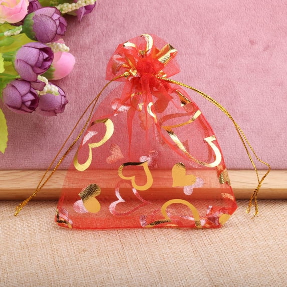 50pcs 7x9cm Gold Color Heart Organza Bags Wedding Party Christmas Drawable Packaging Display Bag Candy Jewelry Gift Pouches 7red 7x9cm