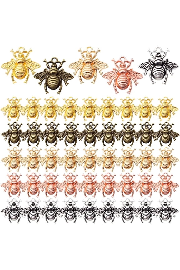 50pcs Alloy Bee Charms Honeybee Charm Pendants Insect Pendant for DIY Jewelry Craft Making Accessory,21mm20mm,5 Colors