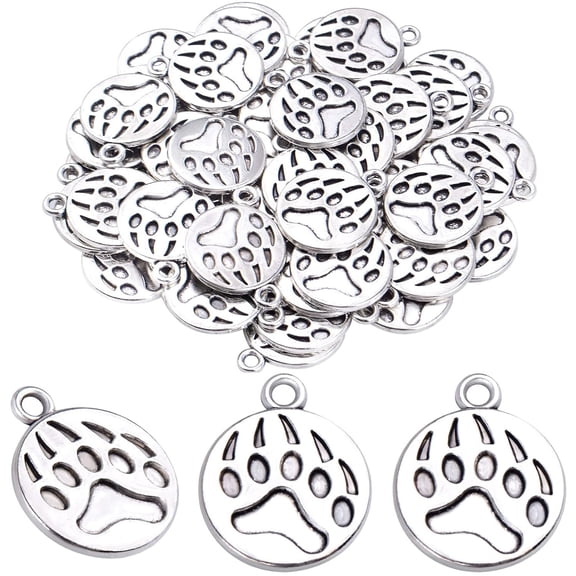 50pcs Alloy Dog Cat Bear Footprint Pendants Animal Paw Charms Jewelry Making Accessories for DIY Earrings Necklace Bracelet and Crafting Antique Silver
