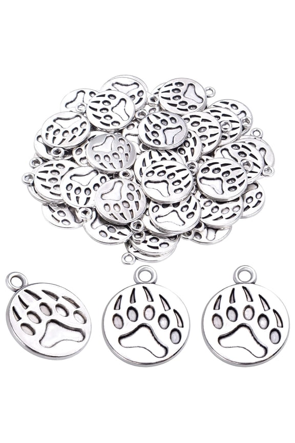50pcs Alloy Dog Cat Bear Footprint Pendants Animal Paw Charms Jewelry Making Accessories for DIY Earrings Necklace Bracelet and Crafting Antique Silver