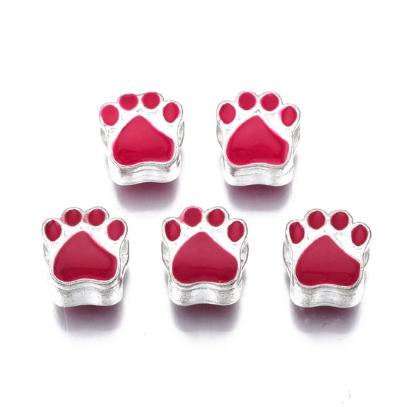 50pcs Alloy Enamel European Beads Large Hole Beads Silver Claw Print Cerise 11x10x7.5mm Hole: 4.5mmDIY