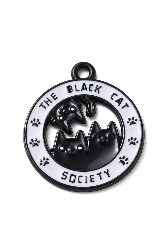 50pcs Alloy Enamel Pendants Black Flat Round with Cat Charm Word 23x20x1.3mm Hole: 1.8mm