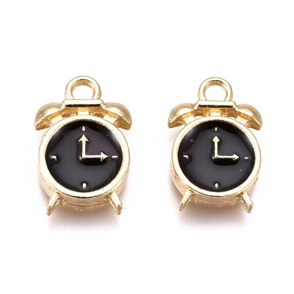 50pcs Alloy Enamel Pendants Clock Golden Black 16x10.5x3mm Hole: 2mm