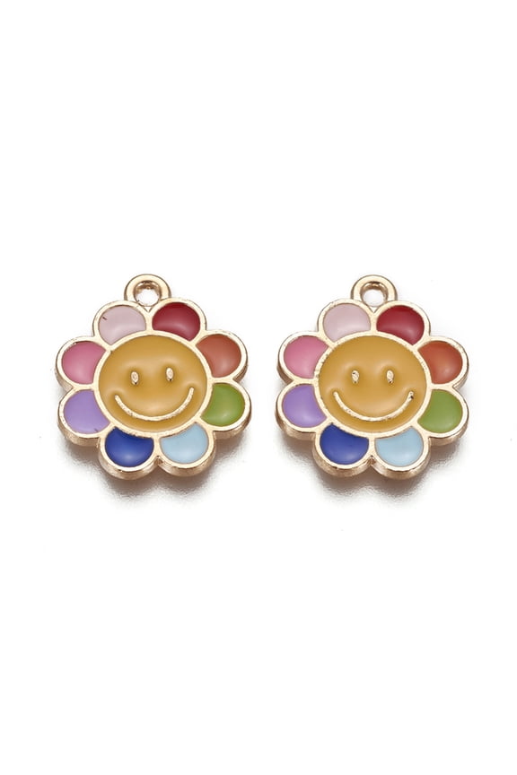 50pcs Alloy Enamel Pendants Sunflower Light golden Colorful 19x16x2mm Hole: 1.6mm