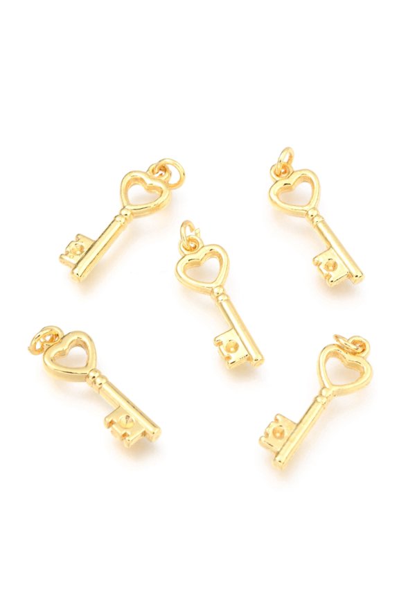 50pcs Alloy Pendants Long-Lasting with Jump Ring Heart Key golden 20x7x2.3mm Hole: 2.5mm