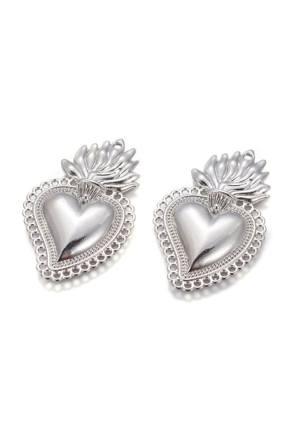 50pcs Alloy Pendants Sacred Heart Heart of Holy Flame Platinum 40x25x3.5mm Hole: 1.5mm Alloy