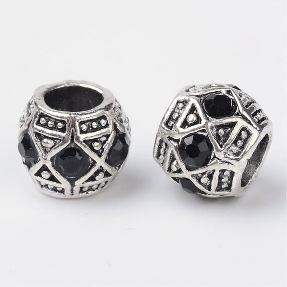 50pcs Alloy Rhinestone Rondelle Large Hole European Beads Antique Silver Jet 11x9mm Hole: 5mm