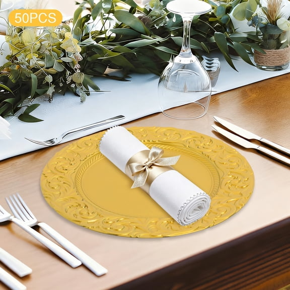 50PCS 13in Antique Charger Plates Gold Plastic Decorative Plate for Birthday Parties Weddings Banquets Baby Showers