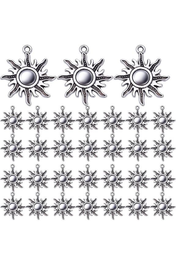 50pcs Antique Silver Celestial Sun Charm Alloy Sun Pendant Charms Vintage Sun Charms for DIY Jewelry Bracelet Necklace Making Accessory, 28mm?25mm