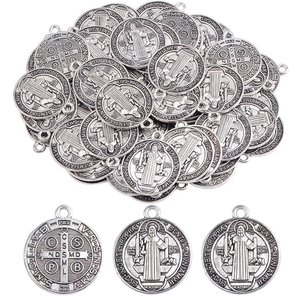 50pcs Antique Silver Color,St Benedict Medals Metal Saint Pendants Double Sided Religious for Women Men Necklace Bracelet Jewelry Making Gifts