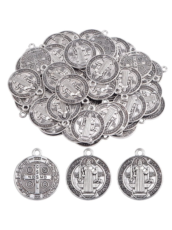 50pcs Antique Silver Color,St Benedict Medals Metal Saint Pendants Double Sided Religious for Women Men Necklace Bracelet Jewelry Making Gifts