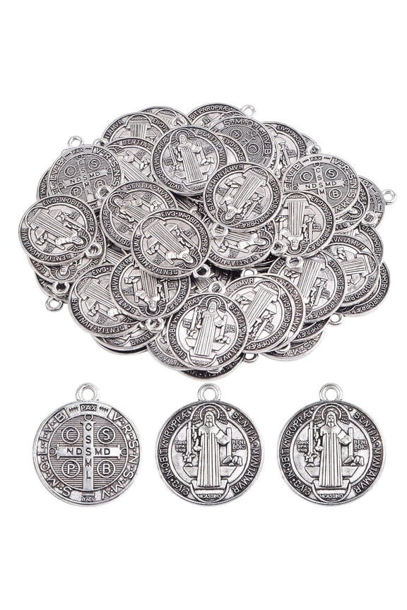 50pcs Antique Silver Color,St Benedict Medals Metal Saint Pendants Double Sided Religious for Women Men Necklace Bracelet Jewelry Making Gifts