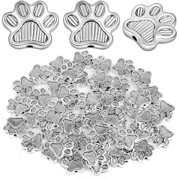 50pcs Antique Silver Dog Paw Prints Spacer Beads Charms Tibetan Alloy Bear Claw Footprint Beads Vintage Animal Footprint Loose Beads for DIY Jewelry Making Crafting Findings, Hole: 2 mm