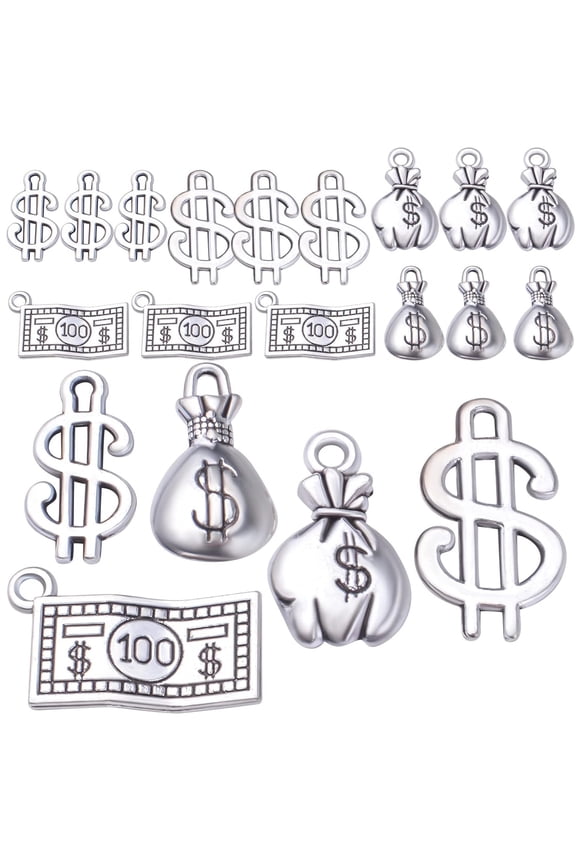 50pcs Antique Silver Dollar Sign Charms Tibetan Alloy Money Bag Pendants 100 Dollars Bill Charms for DIY Bracelets Necklace Jewelry Making Handmade Decoration, 5 Styles