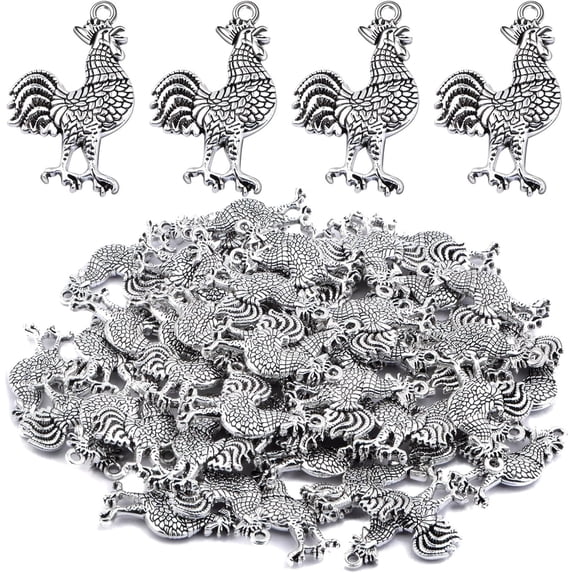 50pcs Antique Silver Rooster Cock Chicken Charms Vintage Alloy Chicken Farm Animal Rooster Shape Dangle Pendants for DIY Bracelets Necklaces Jewelry Making Findings