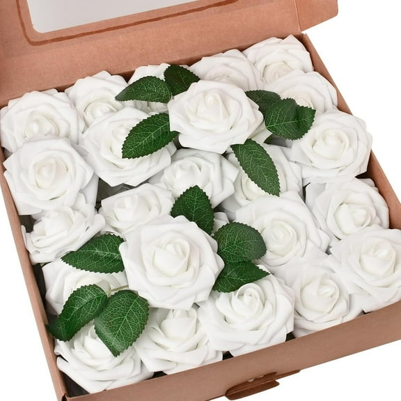 50pcs Artificial Flower Foam Rose Real Touch Roses Flower Heads with Stem for DIY Wedding Bouquets Centerpieces Arrangements Party Baby Shower Home Decor (White)
