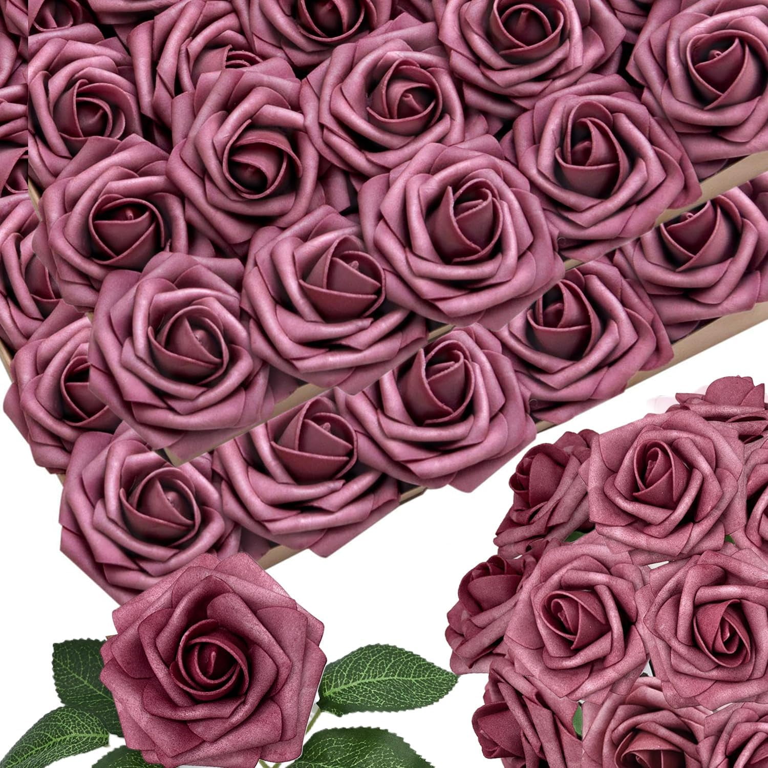 50pcs Artificial Flowers Foam Fake Rose with Stems 12 Leaves Real ...