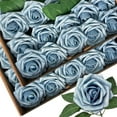 thumbnail image 1 of 50pcs Artificial Flowers Light Blue Foam Fake Rose with Stems 12 Leaves Real Looking Faux Roses for Wedding Bouquets Bridal Shower Centerpieces Arrangements Party Tables Decorations DIY Dusty Blue, 1 of 12