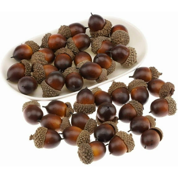 50pcs Artificial Lifelike Simulation Small Acorn Set Decoration Fake Fruit Faux Pine Cone Realistic Nutty with Natural Cap Model for Home Thanksgiving Halloween