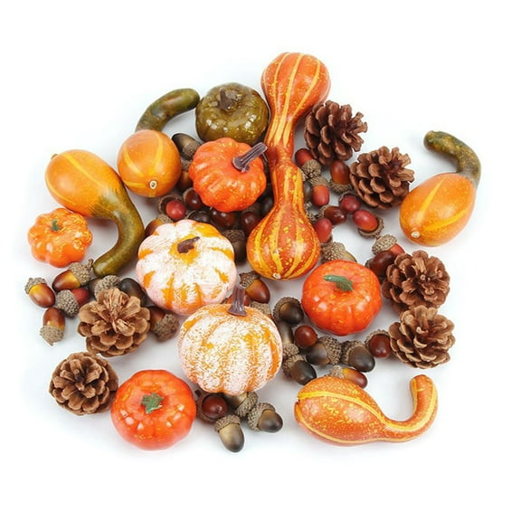 50pcs Artificial Pumpkins Decoration, Assorted Sizes Faux Pumpkins Pinecone Maple Leaf for Fall Thanksgiving Decorations Home Decor