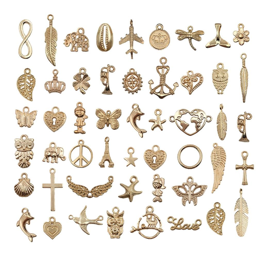 50pcs Assorted Alloy Necklace Pendants, Craft Mixed Keyring Earring  Bracelet Jewelry Making Charms Findings - Gold