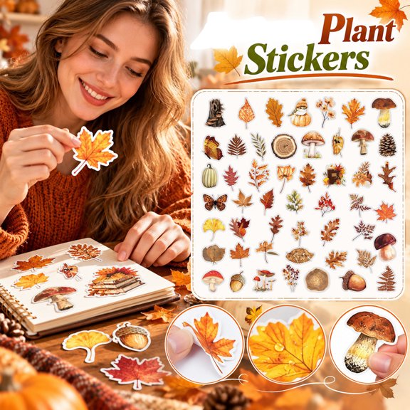 50pcs Autumn Forest Plant Transparent Stickers, Botanical Specimen Decals for Laptop Luggage Journal Scrapbooking DIY Craft Decoration Supplies