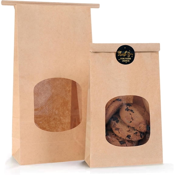 50pcs Bakery Bags with Window for Cookies Bread Packaging Brown Paper Bag Bulk S