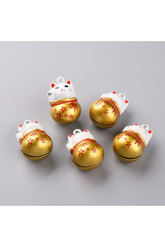 50pcs Baking Painted Brass Bell Pendants Maneki Neko/Beckoning Cat Goldenrod 26.5x17x16mm Hole: 2mm