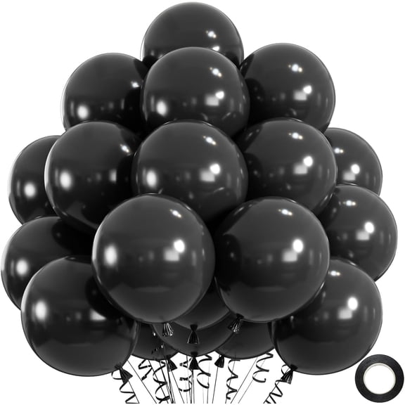 50pcs Black Balloons, Helium 12inch Black Party Balloons for Halloween Anniversary Birthday New Year's Eve Party Decorations (With Ribbon & Glues)