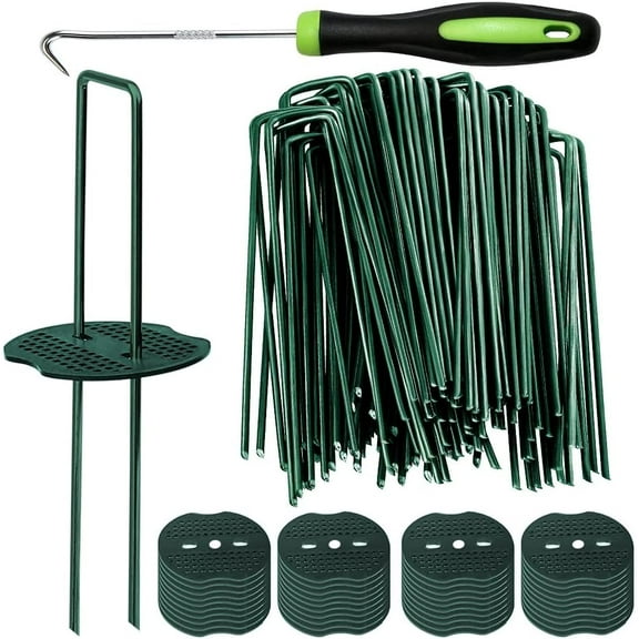 50pcs Black Landscape Staples + 50pcs Buffer Washer, 6 Inch 11 Gauge Garden Stakes Staples, U Shaped Galvanized Lawn Pins Heavy Duty Yard Ground Pin for Weed Barrier Sod Fabric Decorations