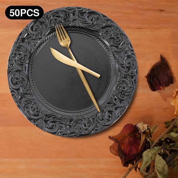 50pcs Black Plastic 36cm Western Dim Sum Plate Embossed Decorative Plate Round Saucer